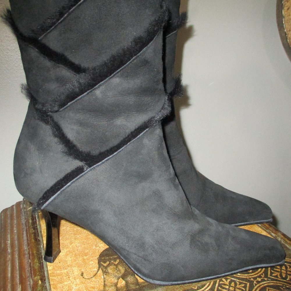 Stuart Weitzman Black Suede Pointed Toe Mid-Heel Booties